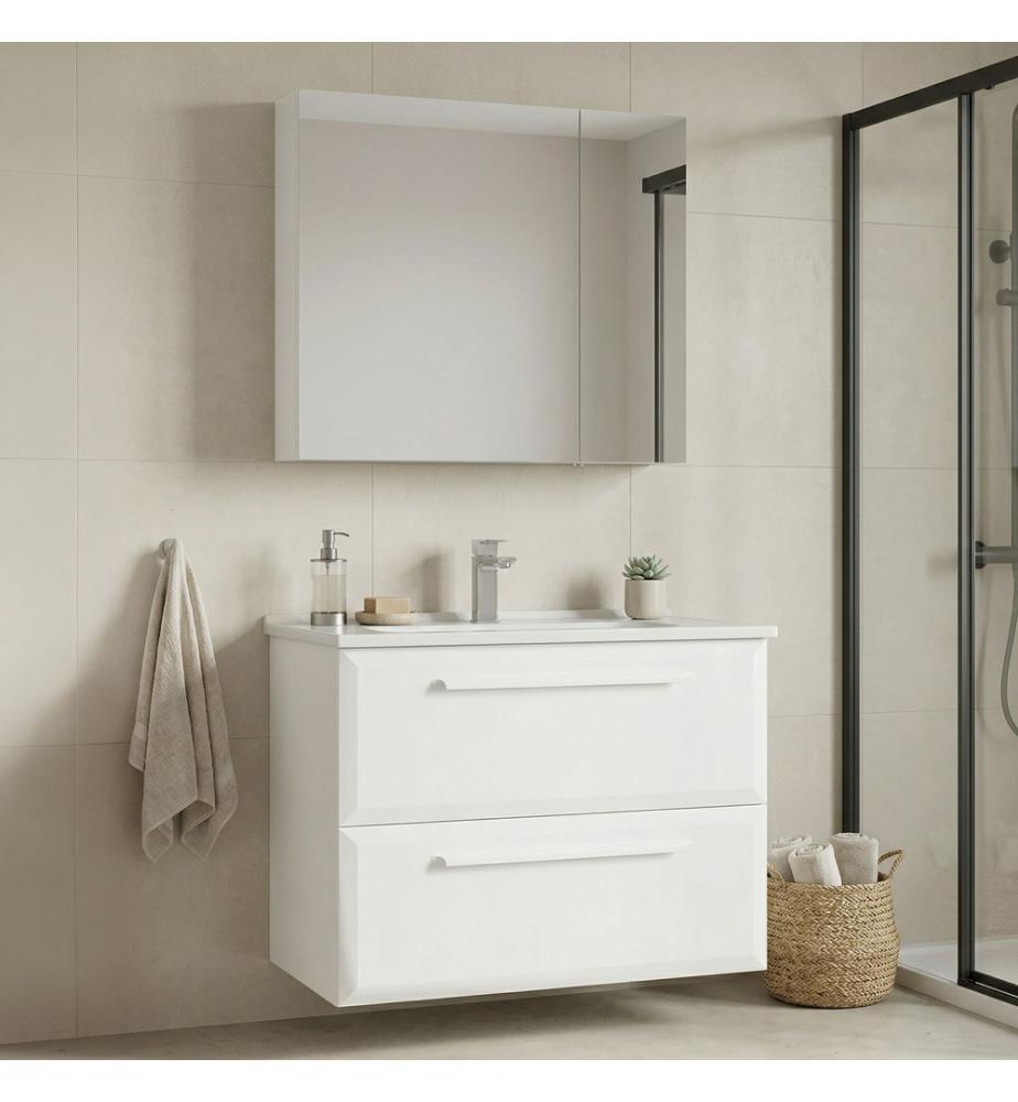 Badezimmerschrank mit Waschbecken und Spiegel 2-teilig Weiss 100 % hochglanzlackiertes MDF