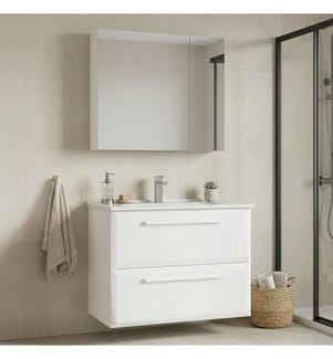 Badezimmerschrank mit Waschbecken und Spiegel 2-teilig Weiss 100 % hochglanzlackiertes MDF