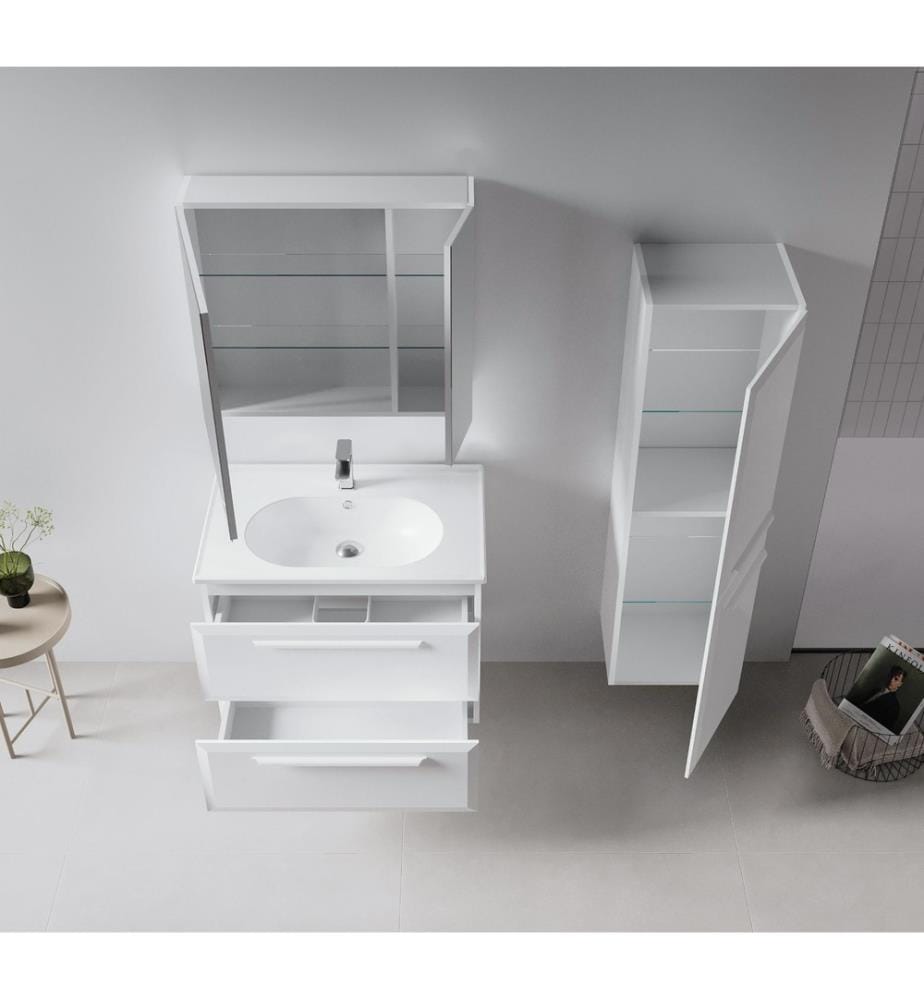 Badezimmerschrank mit Waschbecken und Spiegel 2-teilig Weiss 100 % hochglanzlackiertes MDF
