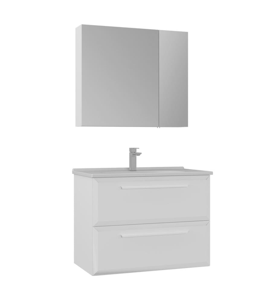 Badezimmerschrank mit Waschbecken und Spiegel 2-teilig Weiss 100 % hochglanzlackiertes MDF