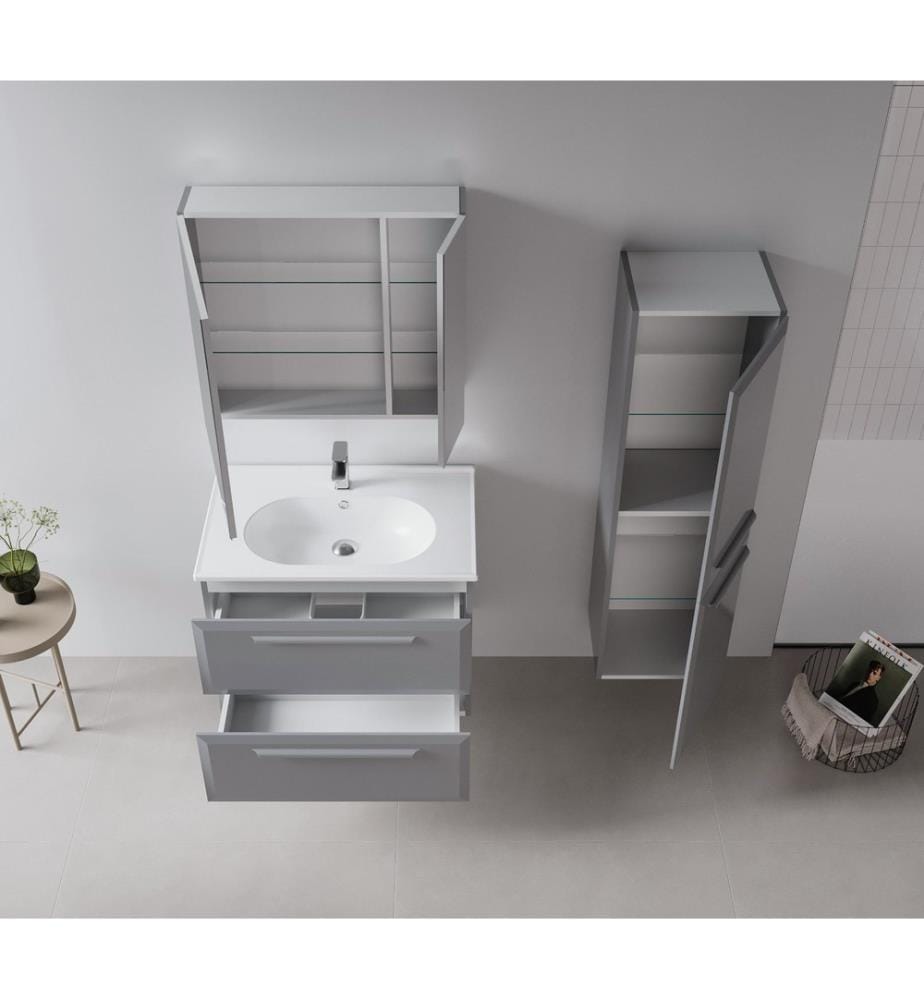 Badezimmerschrank mit Waschbecken und Spiegel 2-teilig Grau 100 % hochglanzlackiertes MDF