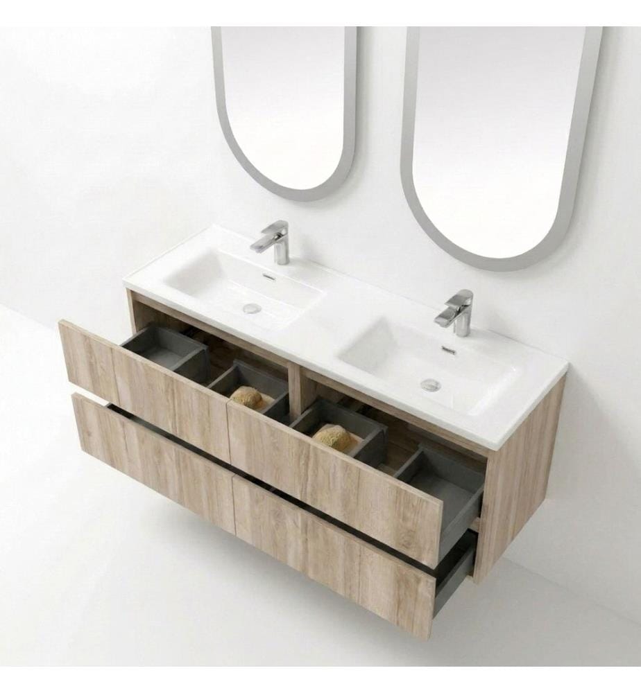 Badezimmerschrank mit Waschbecken und Spiegel 2-teilig helles Walnussholz 100 % melaminbeschichtete Spanplatte