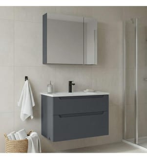 Badezimmerschrank mit Waschbecken und Spiegel 2-teilig mattes Anthrazit 100 % thermisch beschichtetes MDF