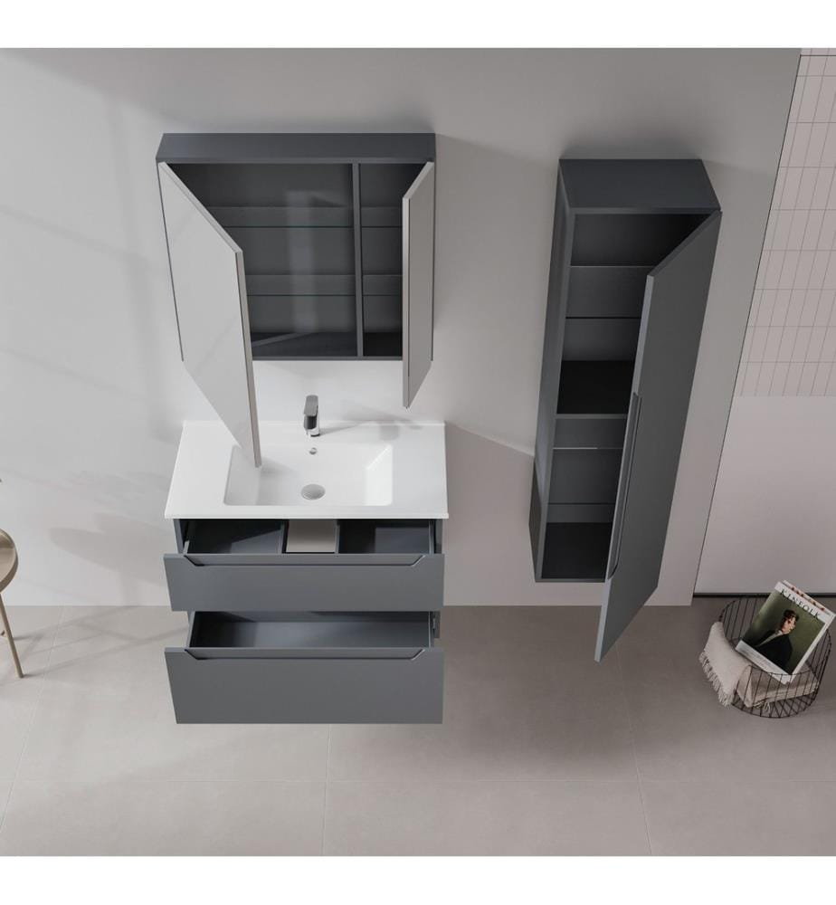 Badezimmerschrank mit Waschbecken und Spiegel 2-teilig mattes Anthrazit 100 % thermisch beschichtetes MDF