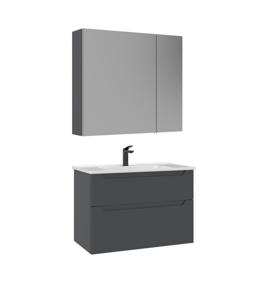 Badezimmerschrank mit Waschbecken und Spiegel 2-teilig mattes Anthrazit 100 % thermisch beschichtetes MDF