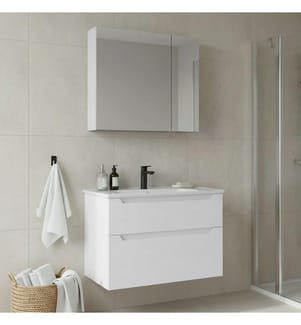 Badezimmerschrank mit Waschbecken und Spiegel 2-teilig mattweiss 100 % thermisch beschichtetes MDF