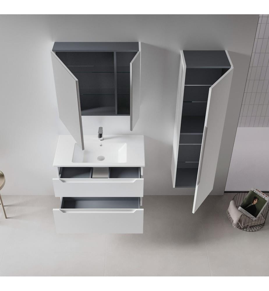 Badezimmerschrank mit Waschbecken und Spiegel 2-teilig mattweiss 100 % thermisch beschichtetes MDF