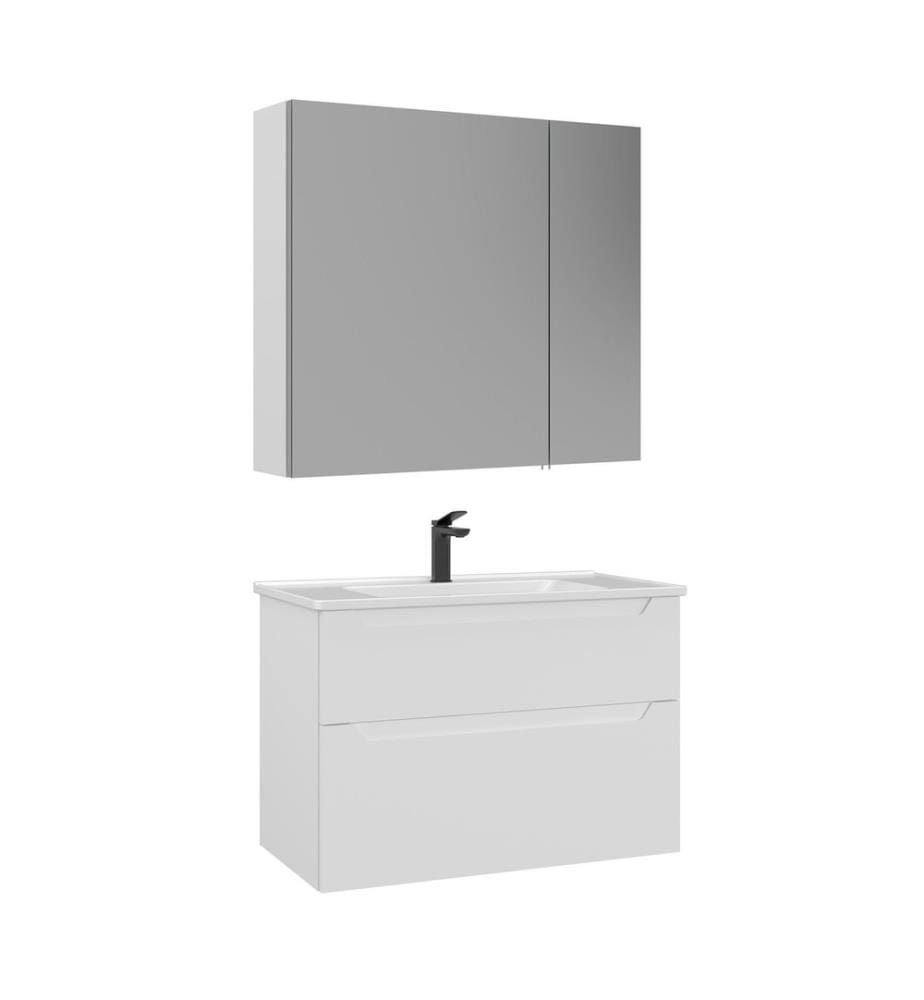 Badezimmerschrank mit Waschbecken und Spiegel 2-teilig mattweiss 100 % thermisch beschichtetes MDF