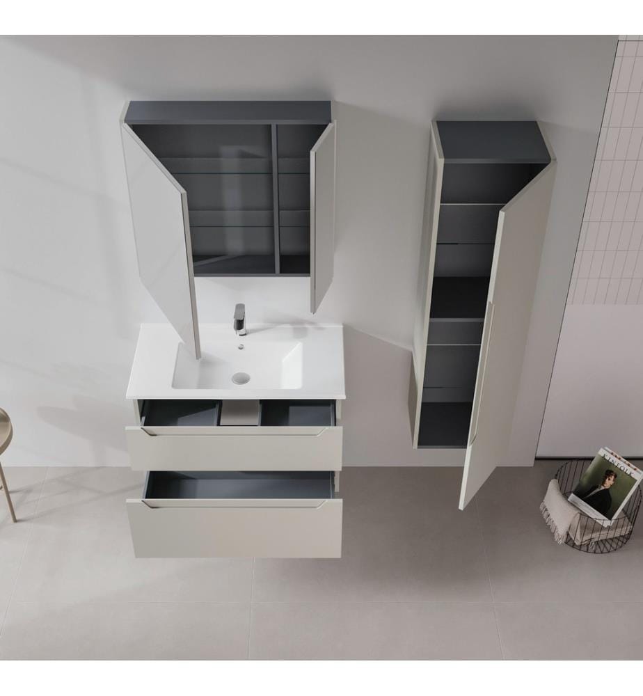 Badezimmerschrank mit Waschbecken und Spiegel 2-teilig mattes Kaschmir 100 % thermisch beschichtetes MDF