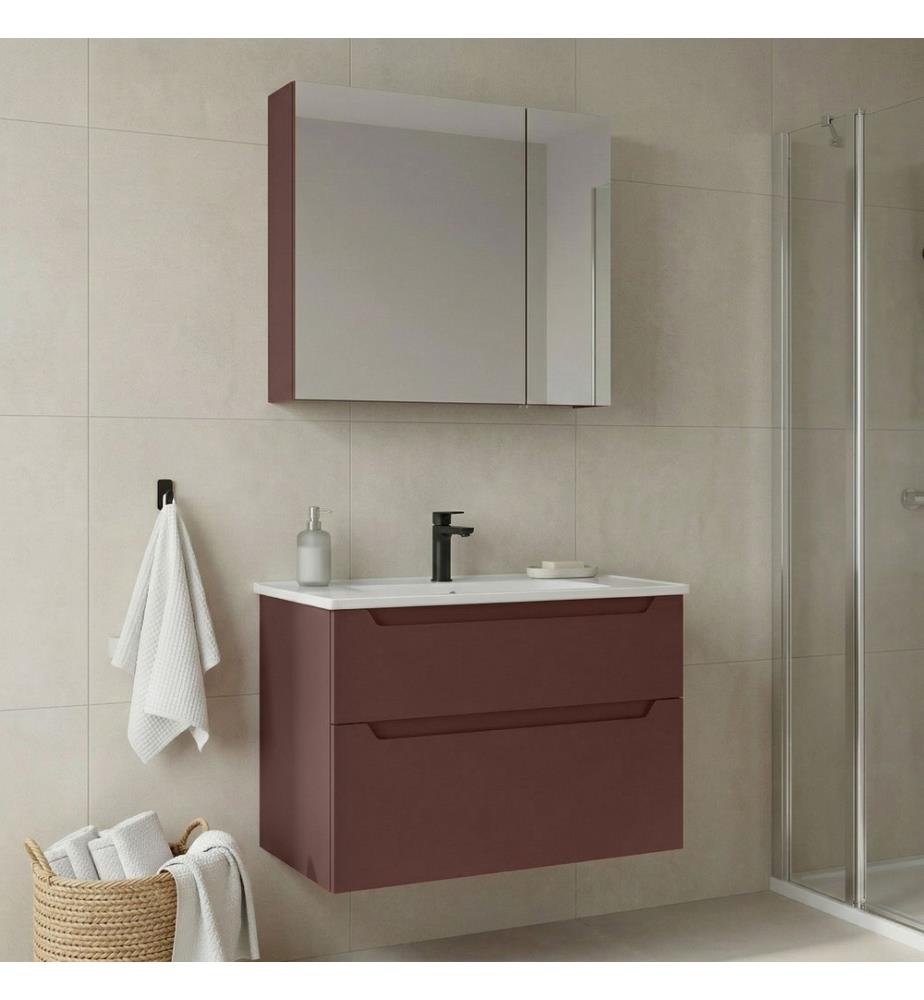 Badezimmerschrank mit Waschbecken und Spiegel 2-teilig mattrot 100 % thermisch beschichtetes MDF