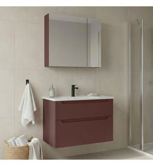 Badezimmerschrank mit Waschbecken und Spiegel 2-teilig mattrot 100 % thermisch beschichtetes MDF