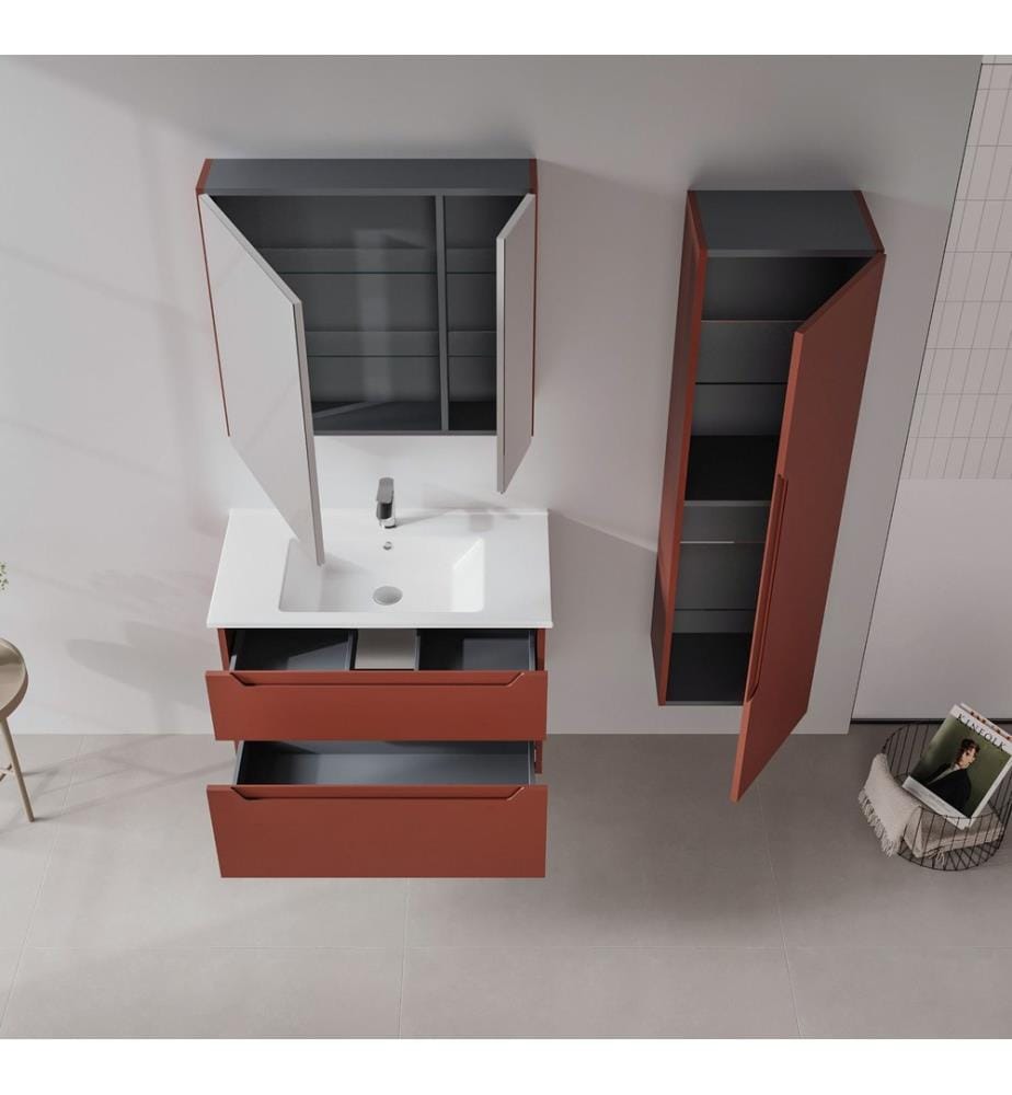 Badezimmerschrank mit Waschbecken und Spiegel 2-teilig mattrot 100 % thermisch beschichtetes MDF