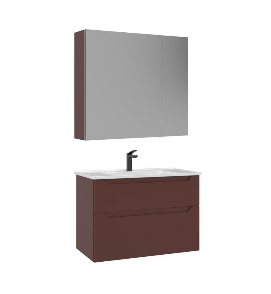 Badezimmerschrank mit Waschbecken und Spiegel 2-teilig mattrot 100 % thermisch beschichtetes MDF