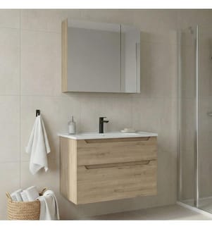 Badezimmerschrank mit Waschbecken und Spiegel 2-teilig Eiche 100 % thermisch beschichtetes MDF