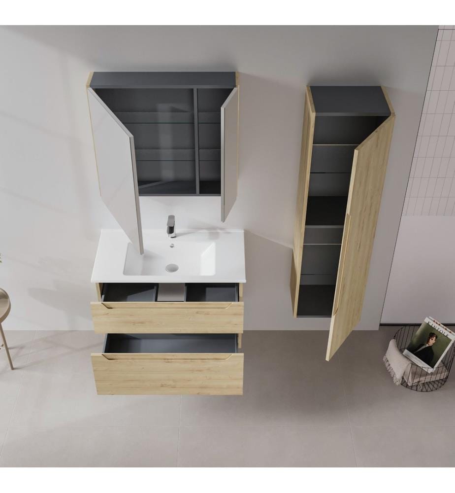 Badezimmerschrank mit Waschbecken und Spiegel 2-teilig Eiche 100 % thermisch beschichtetes MDF