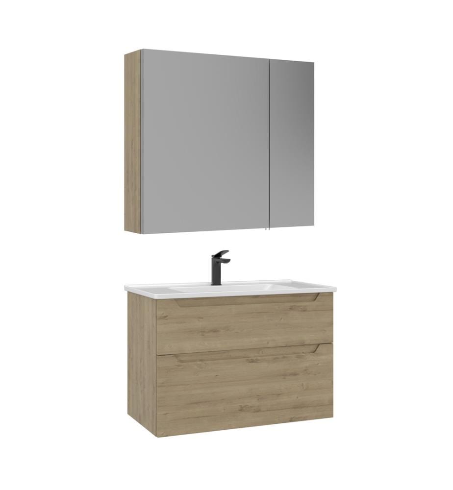 Badezimmerschrank mit Waschbecken und Spiegel 2-teilig Eiche 100 % thermisch beschichtetes MDF