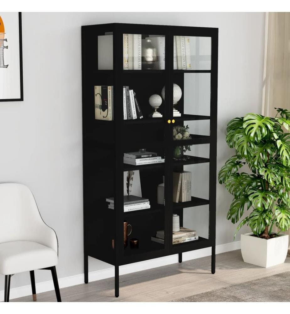 Vitrine Schwarz 90x40x180 cm Stahl und Gehärtetes Glas
