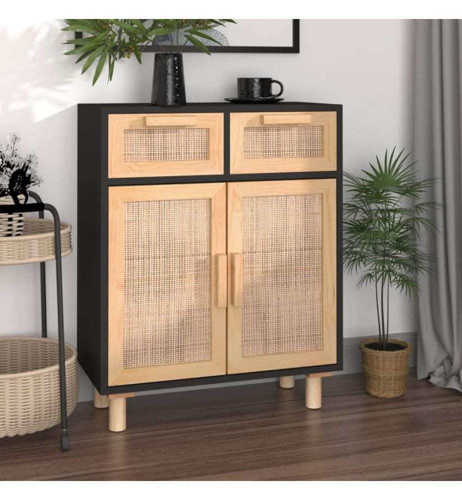 Buffet Noir 60x30x75 cm Bois de pin massif et rotin naturel