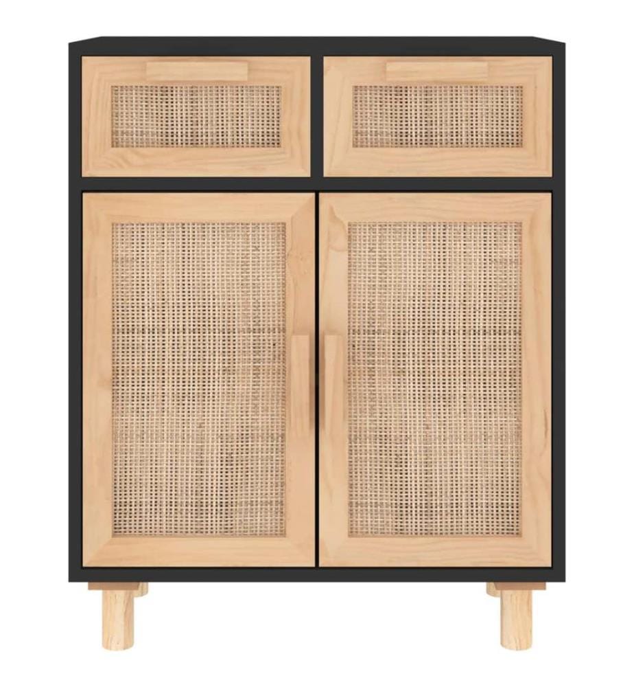 Buffet Noir 60x30x75 cm Bois de pin massif et rotin naturel