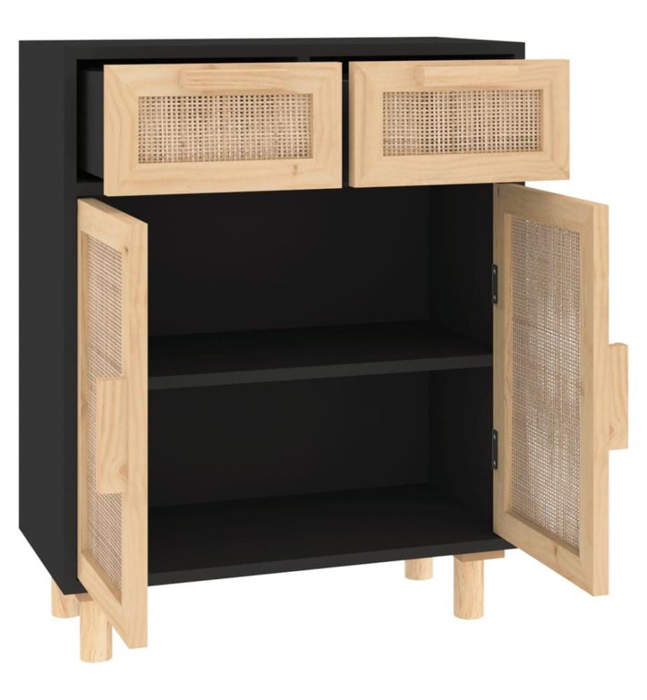 Buffet Noir 60x30x75 cm Bois de pin massif et rotin naturel