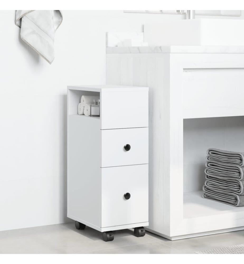Badschrank Schmal mit Rollen Weiss Holzwerkstoff