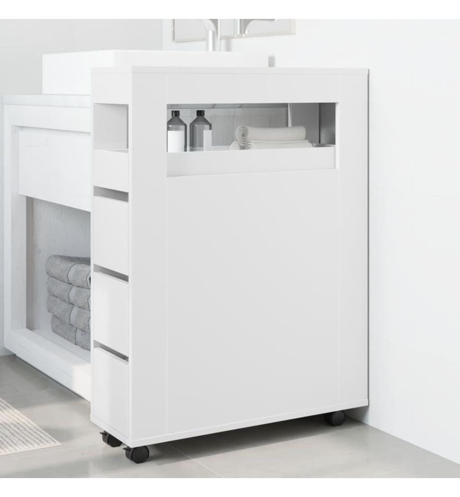 Badschrank Schmal mit Rollen Weiss Holzwerkstoff