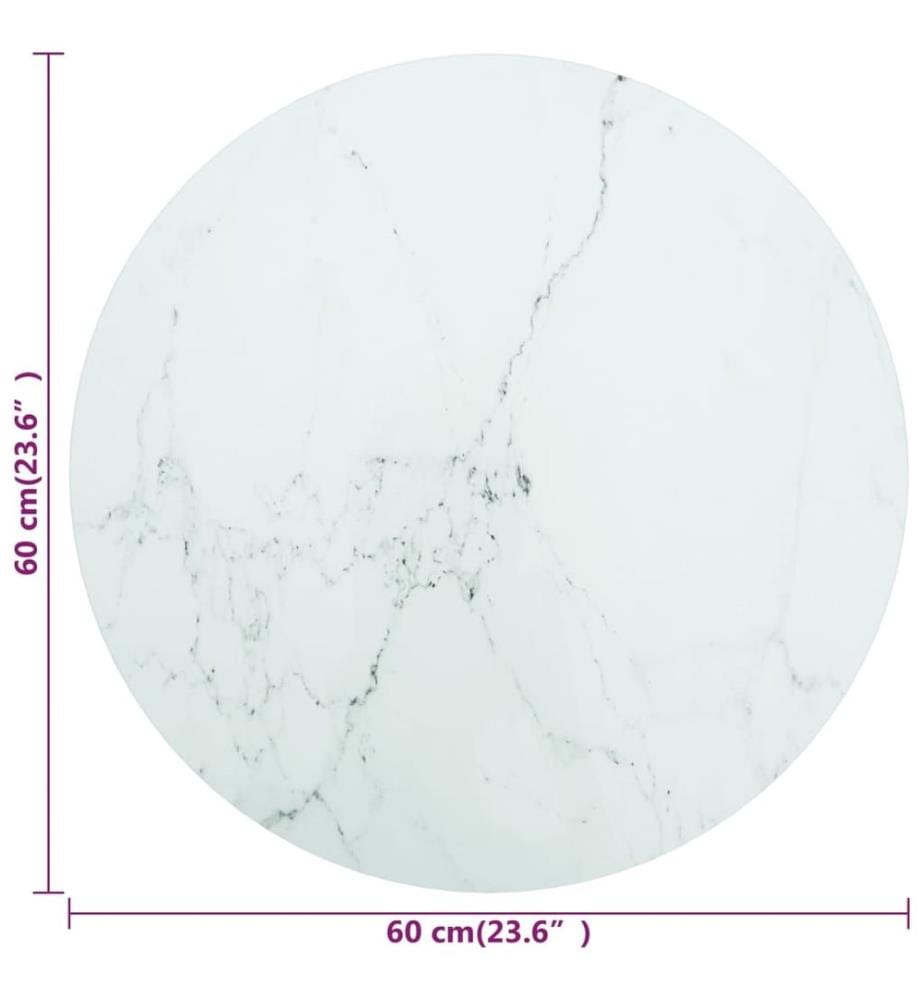 Dessus de table blanc Ø60x0,8cm verre trempé avec design marbre