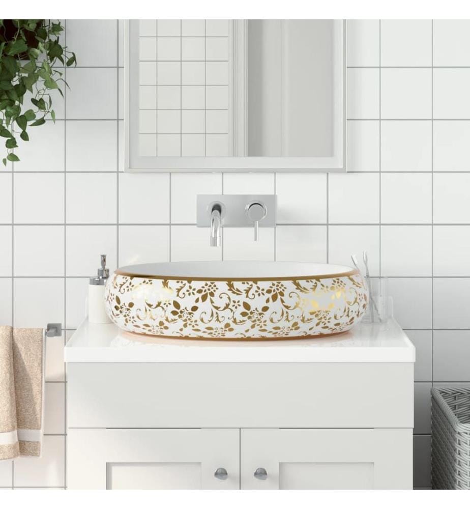 Aufsatzwaschbecken Weiss und Golden Oval 59x40x15 cm Keramik
