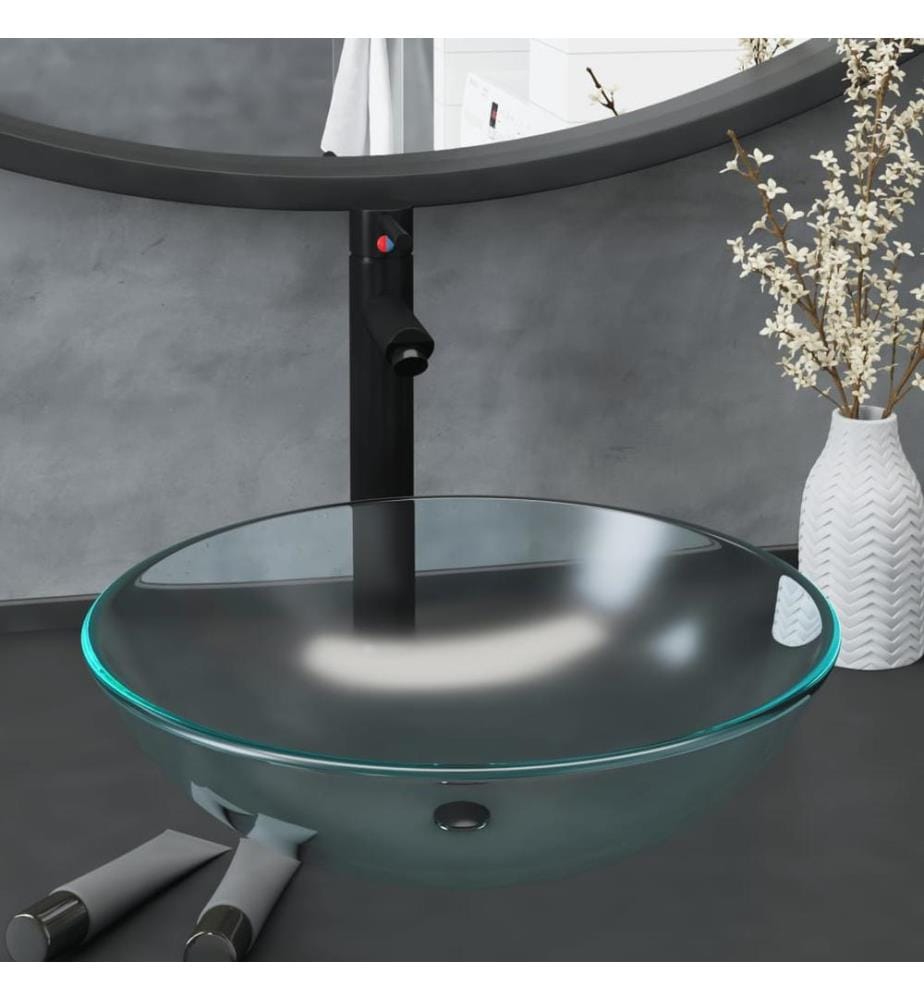 Lavabo de bain avec robinet et drain à poussoir Verre trempé