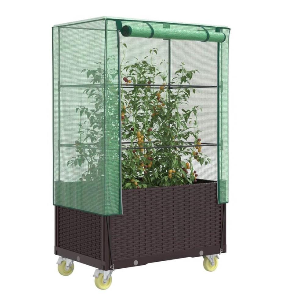 Hochbeet mit Aufsatz und Rollen Rattan-Optik 80x50x182 cm