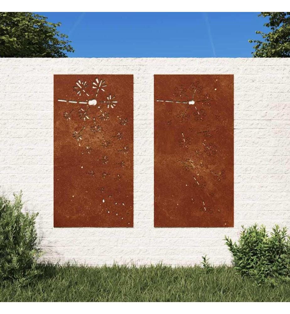 2-tlg. Garten-Wanddeko 105x55 cm Cortenstahl Blumen-Design