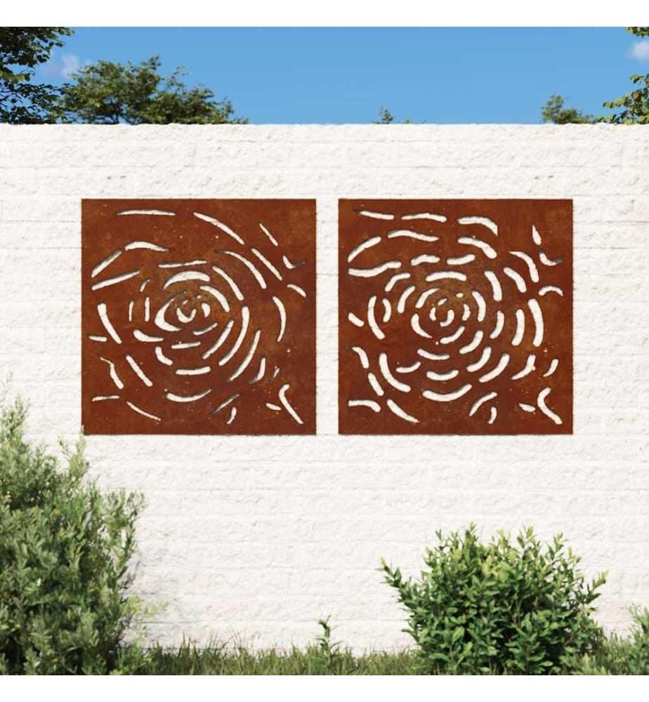 2-tlg. Garten-Wanddeko 55x55 cm Cortenstahl Rosen-Design