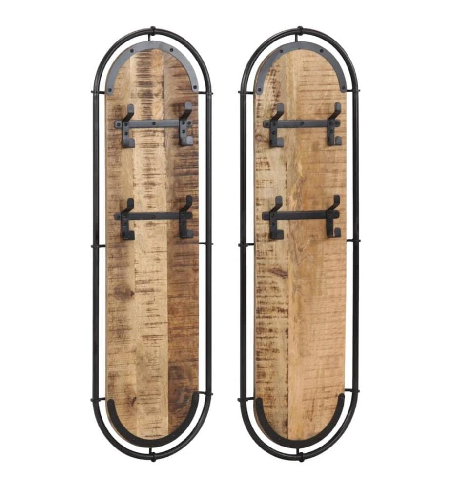 Wandgarderoben mit 4 Haken 2 Stk. Raues Mangoholz