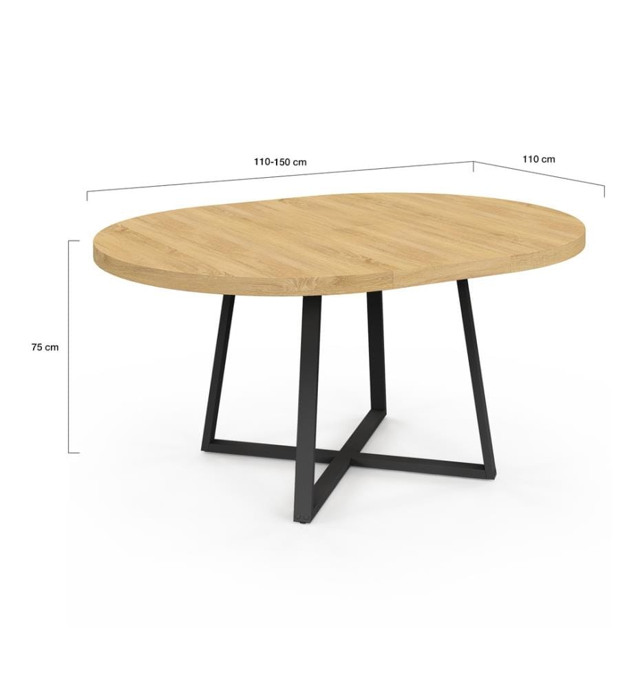 Ausziehbarer runder Esstisch Sana Holz und Schwarz Ø110-150cm
