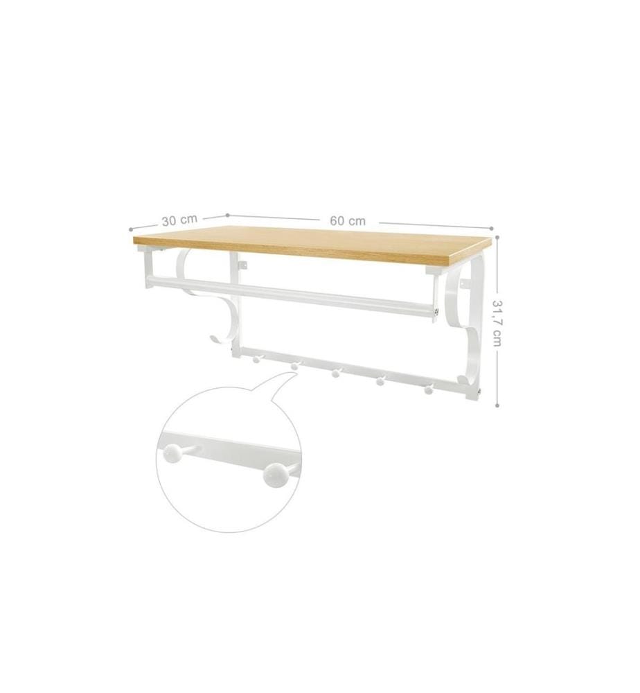 VASAGLE - Wandregal mit Haken und Stange, Holz/Metall