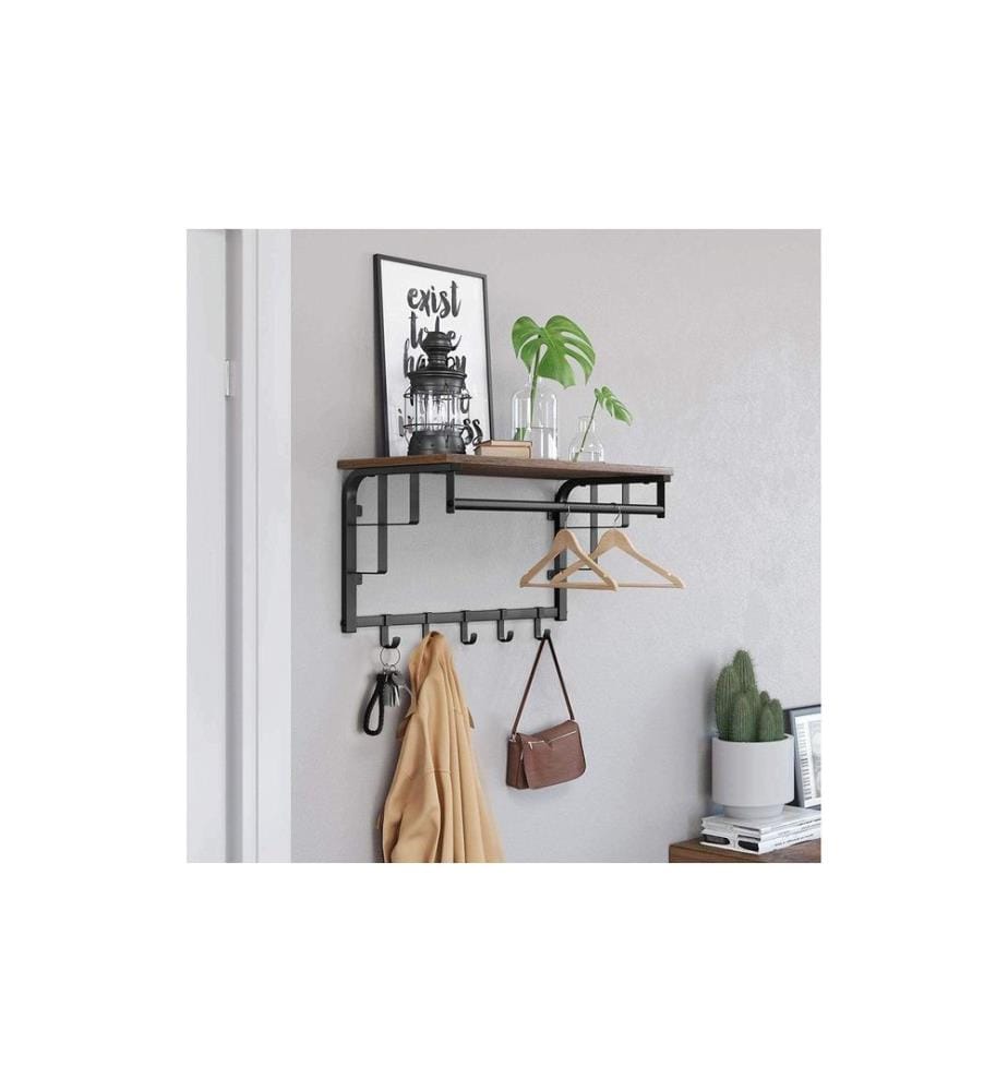 VASAGLE - Wandgarderobe mit Haken und Stange 66 x 27 cm, Braun/Schwarz