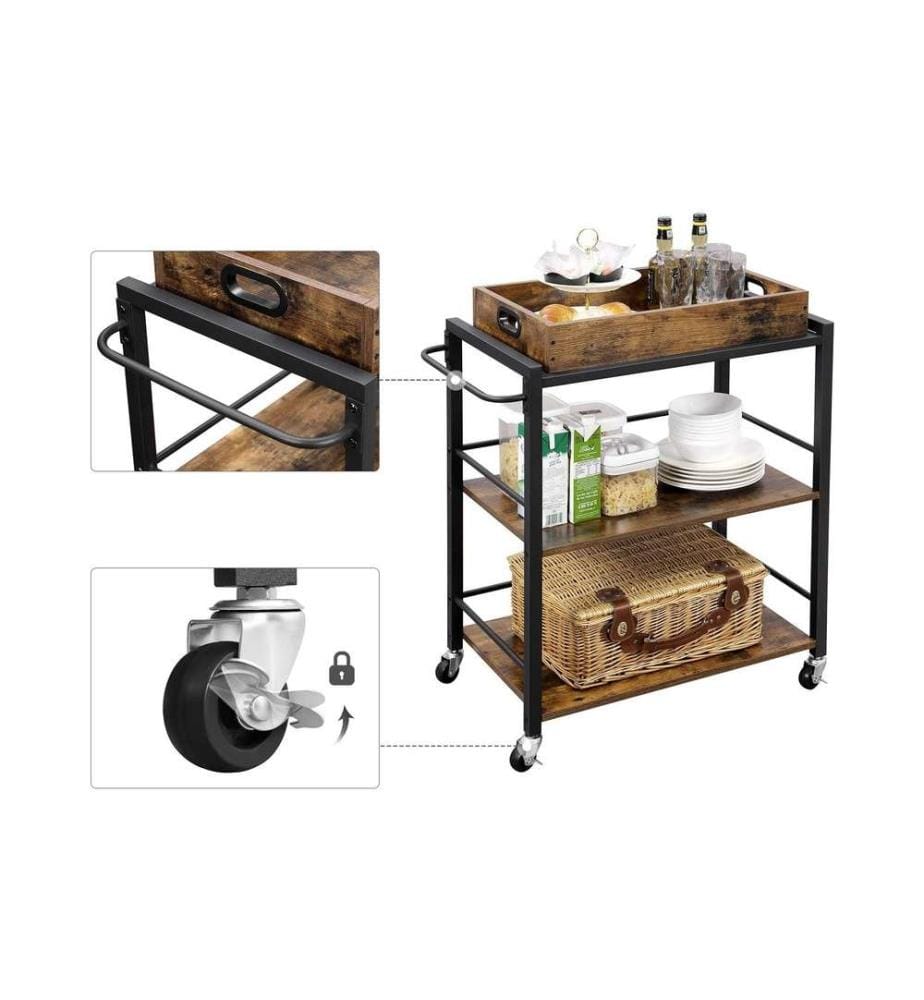 VASAGLE - Bartrolley mit Tablett 65 x 86 cm, Braun/Schwarz