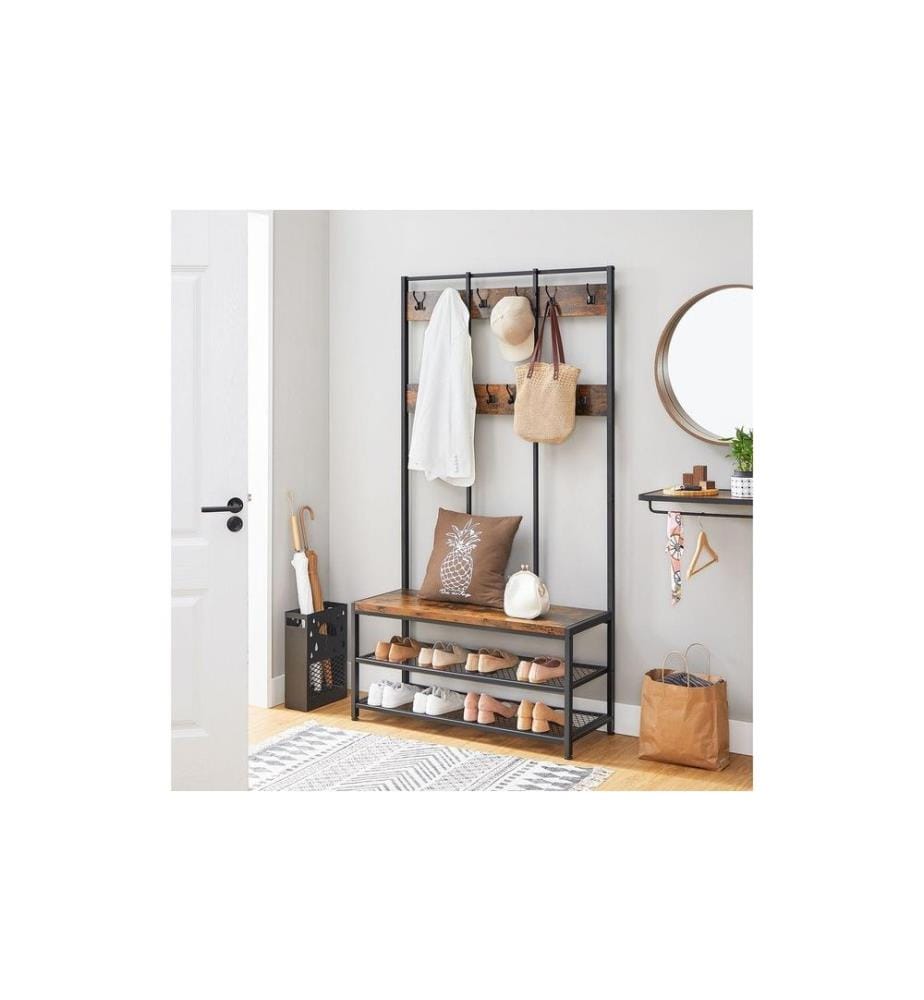 VASAGLE - Wandgarderobe 100 cm x 184 cm, Braun/Schwarz