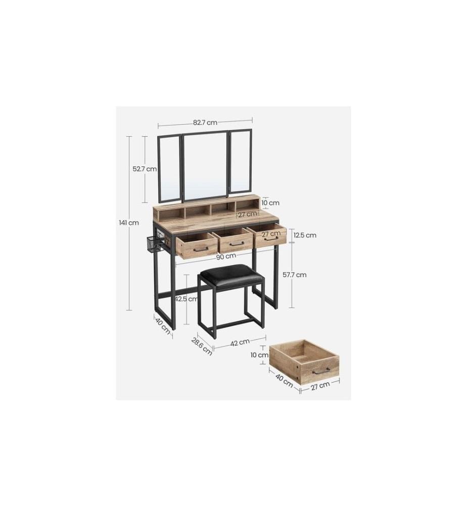 VASAGLE - Coiffeuse avec tabouret et miroir Marron vintage/noir