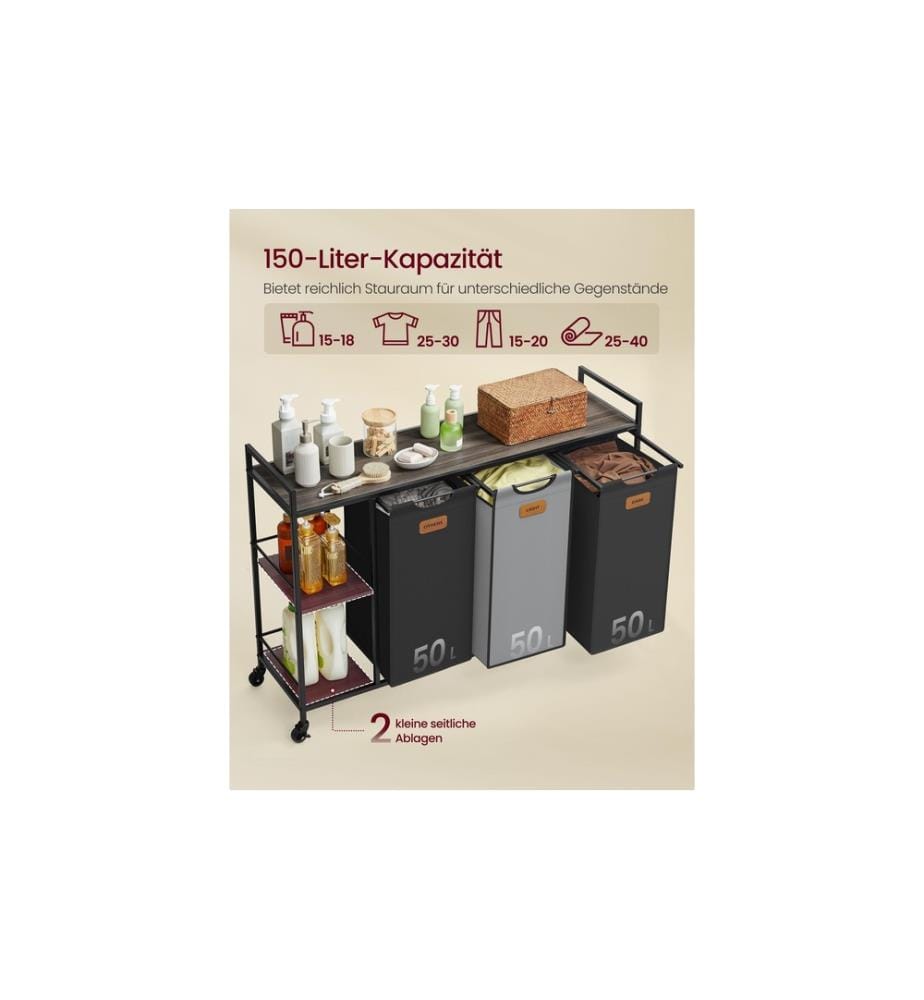 VASAGLE - Wäschekorb  3 x 50 l, Schwarz / Grün