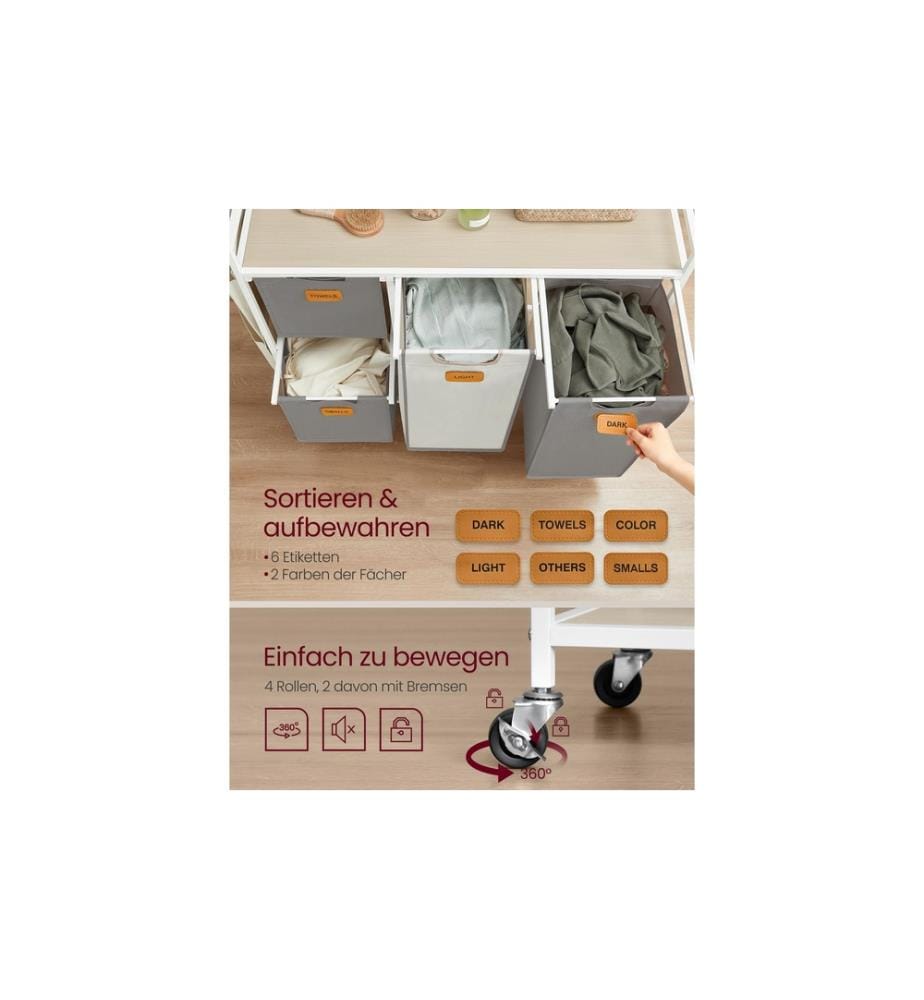 VASAGLE - Wäschekorb  mit 4 Körben 150 l, Beige/Taubengrau/Weiss