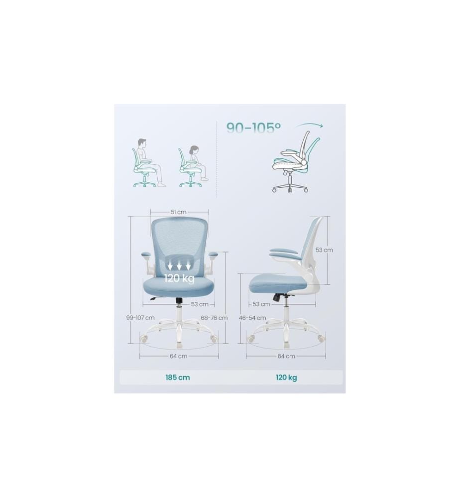 Songmics - Chaise de bureau avec accoudoirs rabattables Bleu clair