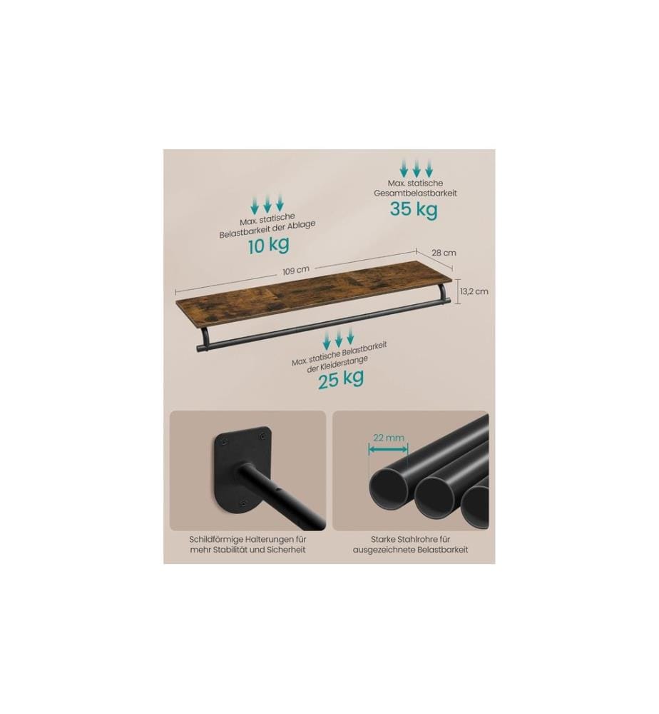Songmics - Wandgarderobe 109 cm x 13.2 cm, Schwarz/Braun