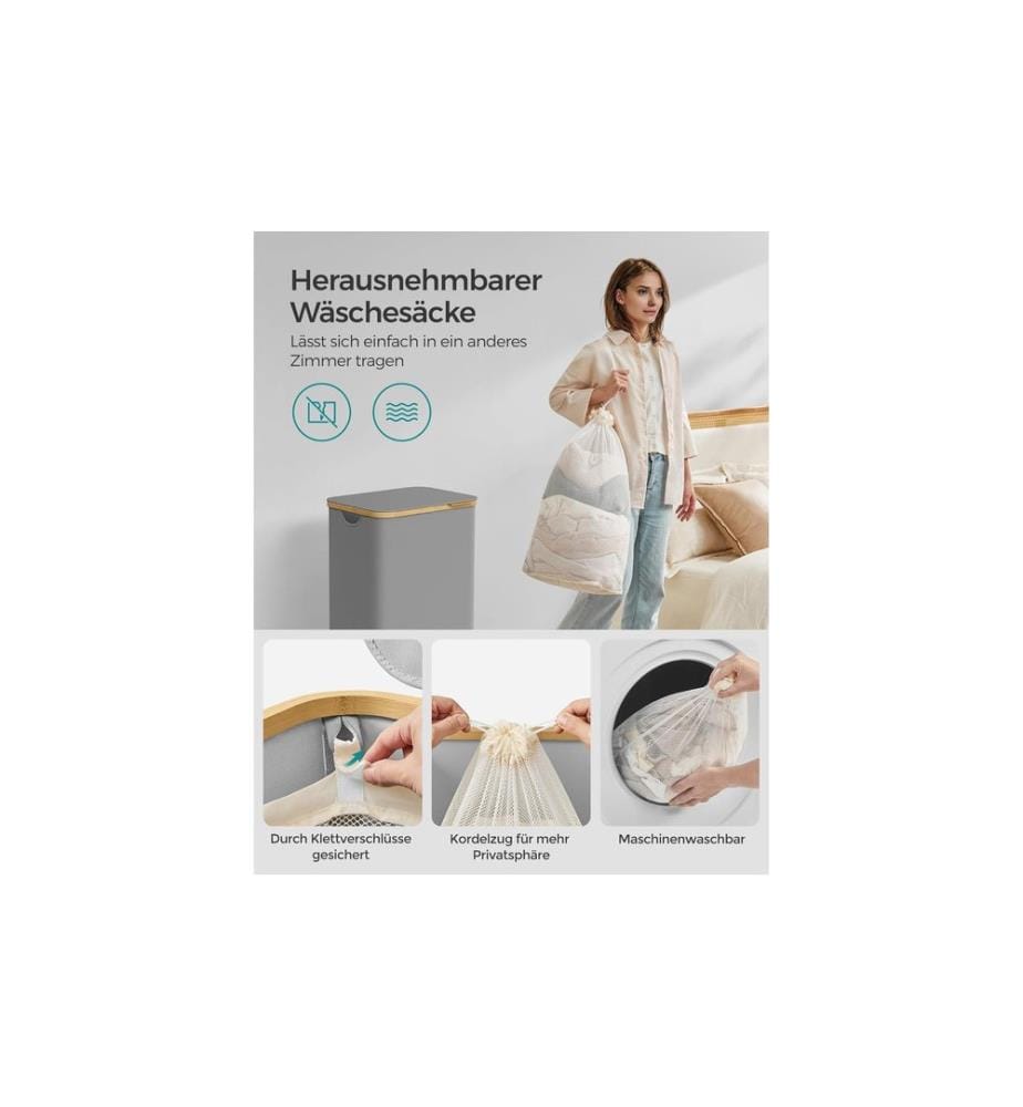 Songmics - Wäschekorb  mit Deckel 90 l, Grau