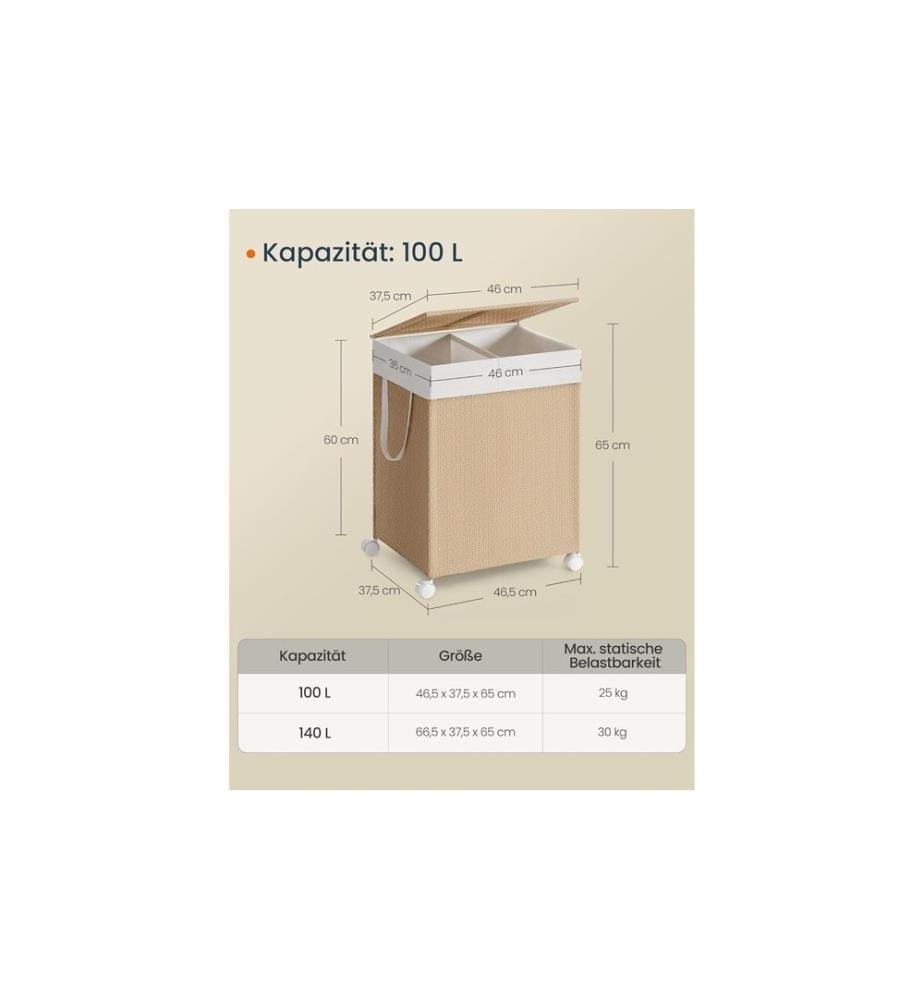 Songmics - Panier à linge en bambou 100 l, Bambou
