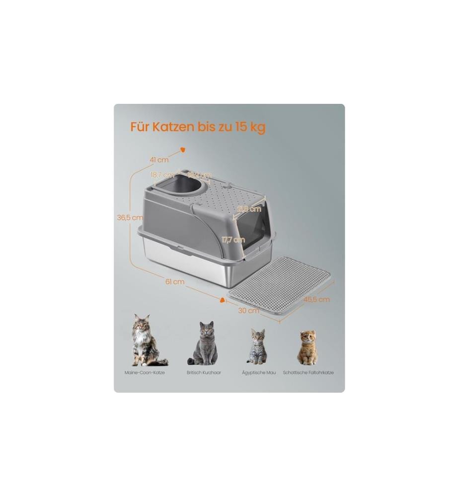 Feandrea - Litière pour chats Acier inoxydable XL 61 x 41 x 36.5 cm