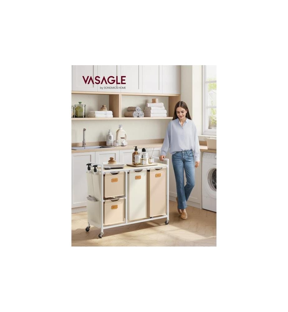 VASAGLE Wäschekorb  mit 4 Fächern 150 l, Crème/Camel