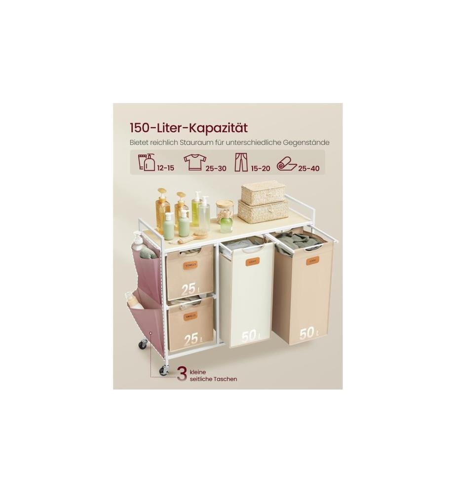 VASAGLE Wäschekorb  mit 4 Fächern 150 l, Crème/Camel