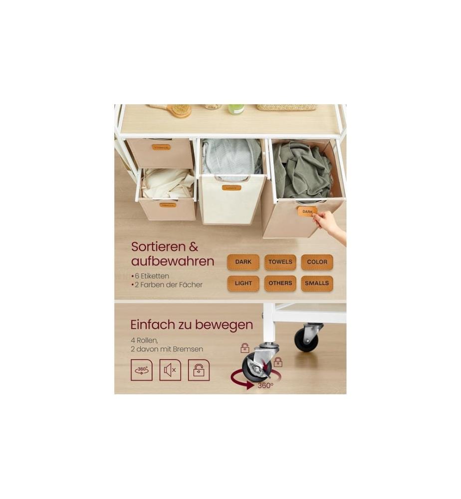 VASAGLE Wäschekorb  mit 4 Fächern 150 l, Crème/Camel