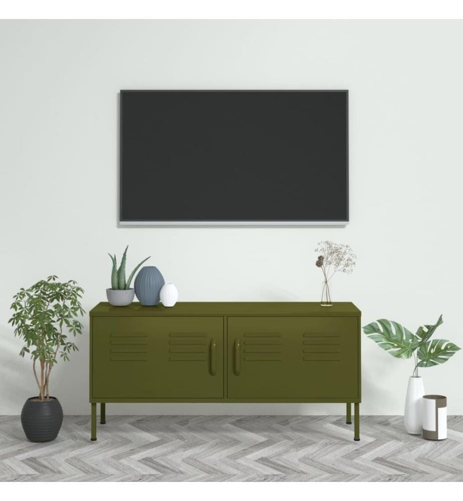 Meuble TV Vert olive 105x35x50 cm Acier